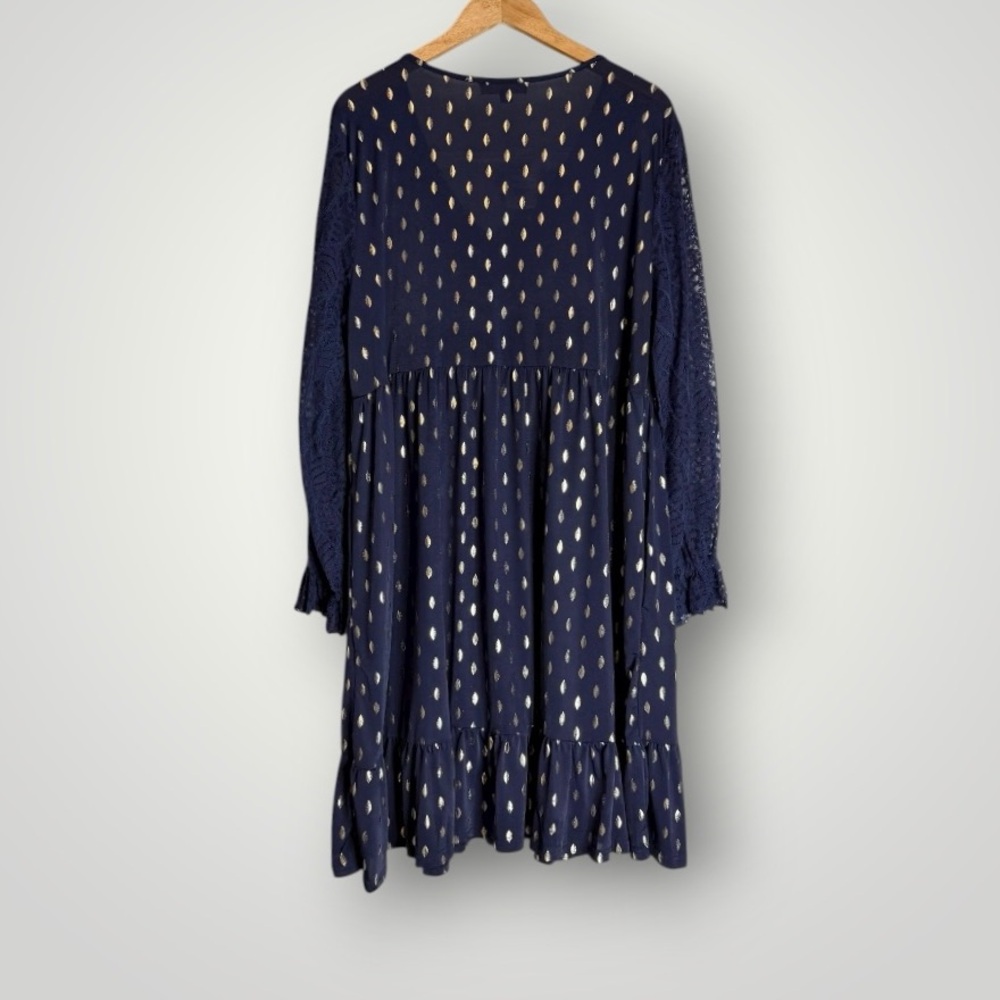 Suzanne Betro Gold Leaf Print Empire Dress Sz 1X Lace Sleeve Ruffle Cuff Pockets - Picture 4 of 8